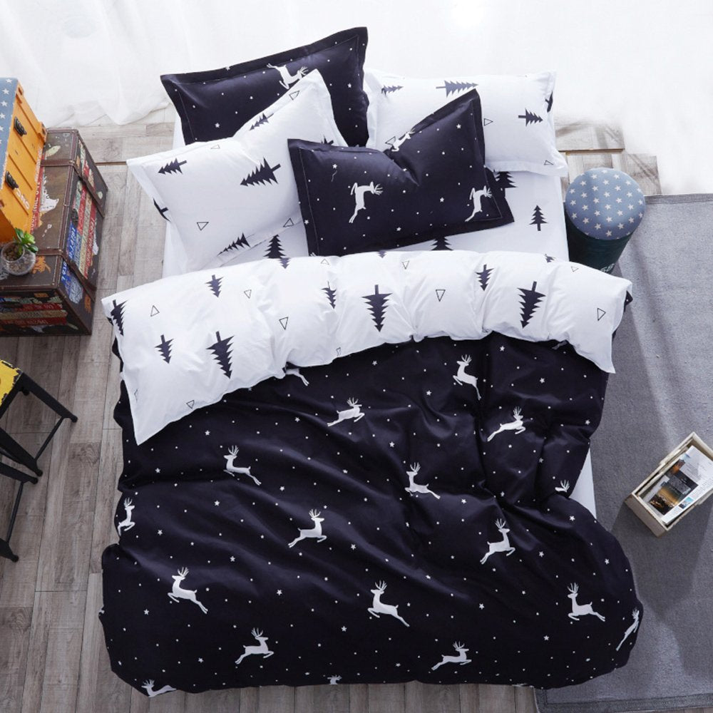 Mengersi Christmas Deer Bedding Pillowcase Duvet Cover Set With Zipper (King, White Deer)